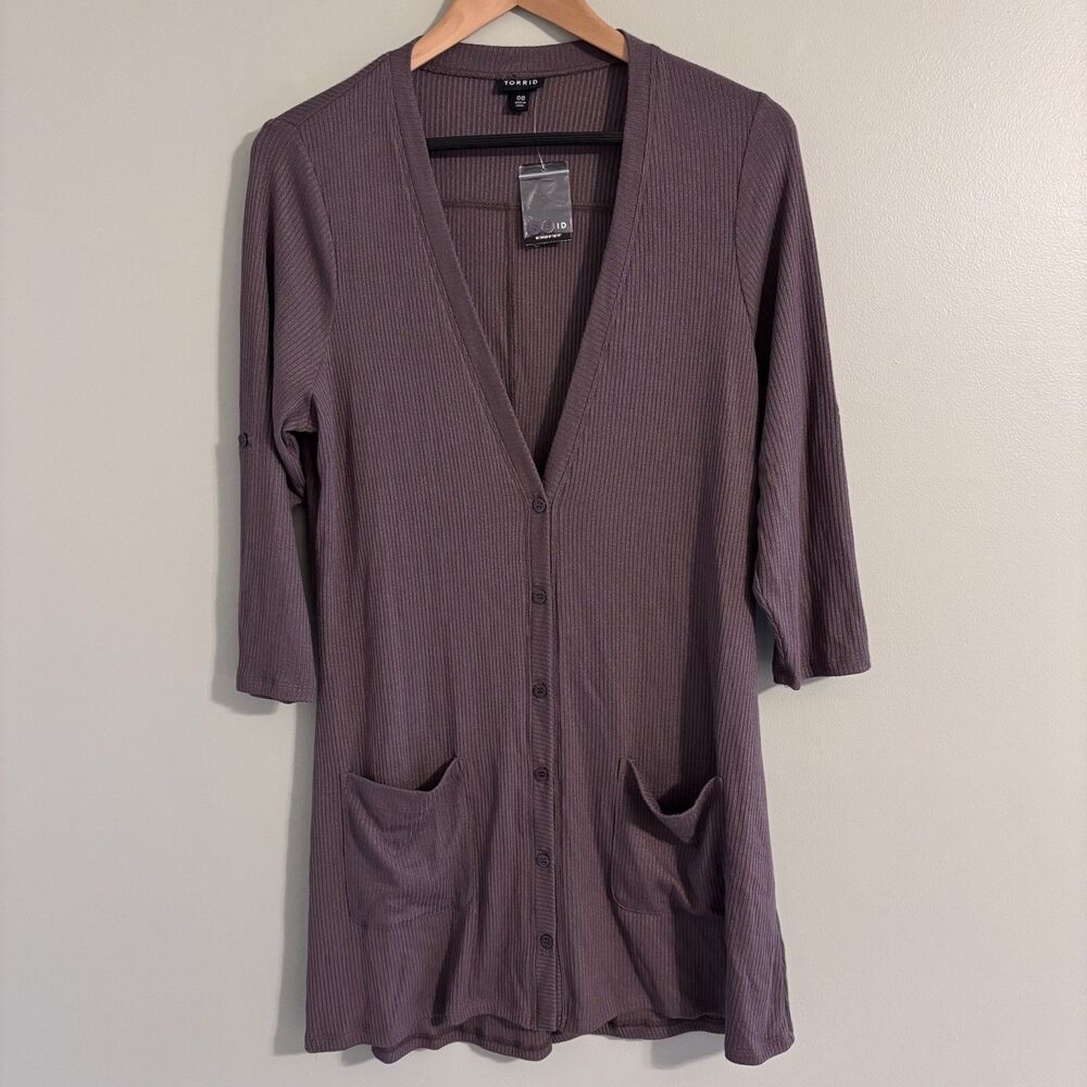 Torrid Cardigan Womens Size 00 Mocha Ribbed Button Close 3/4 Roll Tab Sleeve NWT
